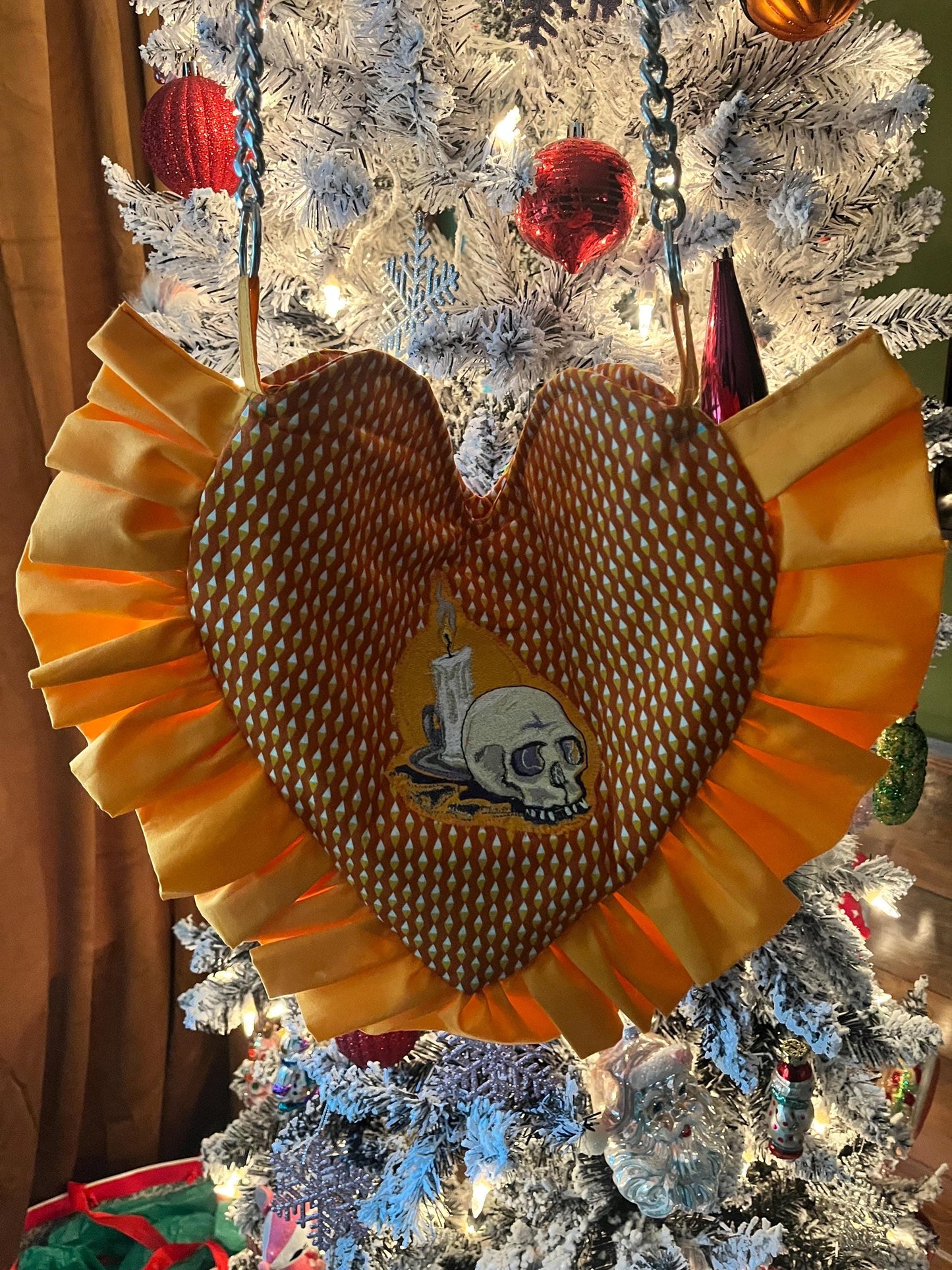 Skull Embroidered Chain Strap Orange Heart Tote